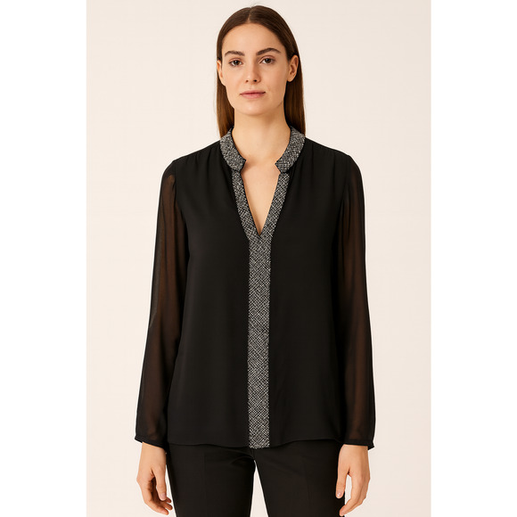 Tory Burch Lynn Embellished Beaded Silk Tunic Blouse Split V Neck Black Size 4 - Picture 1 of 12